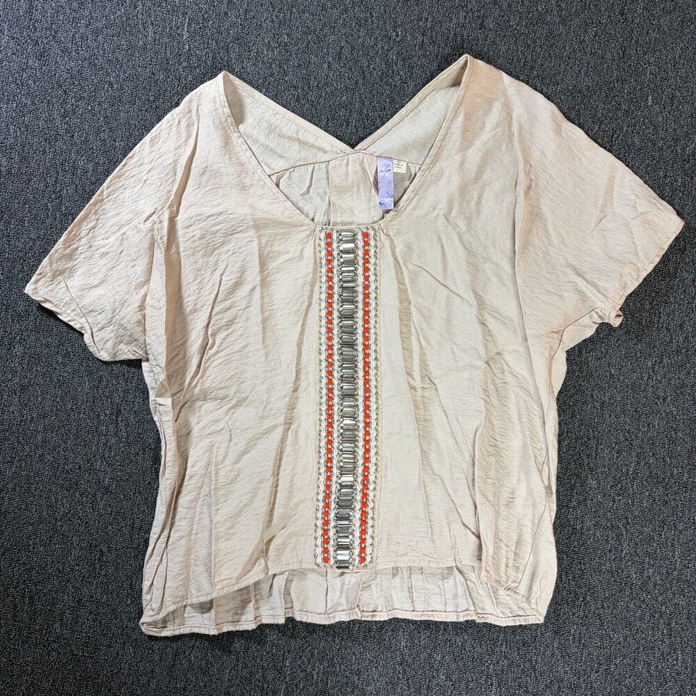 Vintage Y2k Rhinestone Embellished Women's Cream Beige Butterfly Blouse Large